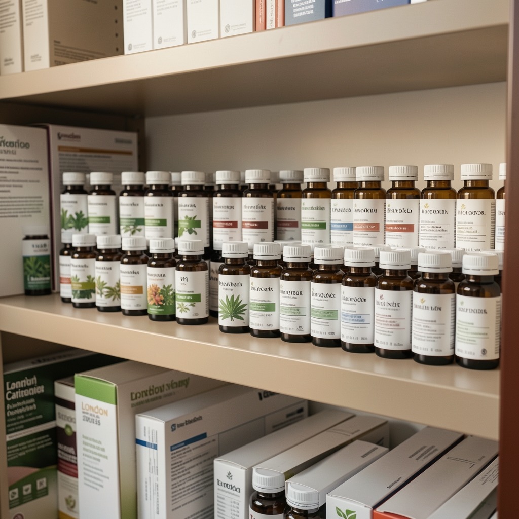 Close-up of carefully labelled ingredient vials and botanical extract bottles on a laboratory-style shelf, editorial documentary photograph